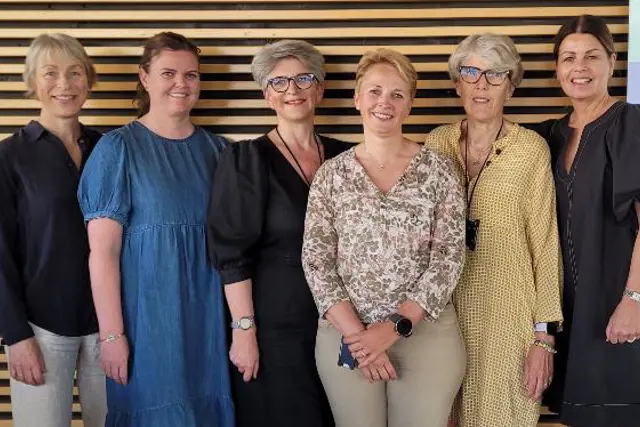 Foto av arbeidsgruppen bestående av Kristin Øverlid, Kristin Hjelkrem, Eli Gunhild By, Elisabeth Strandberg, Torill Krøvel og Kj
