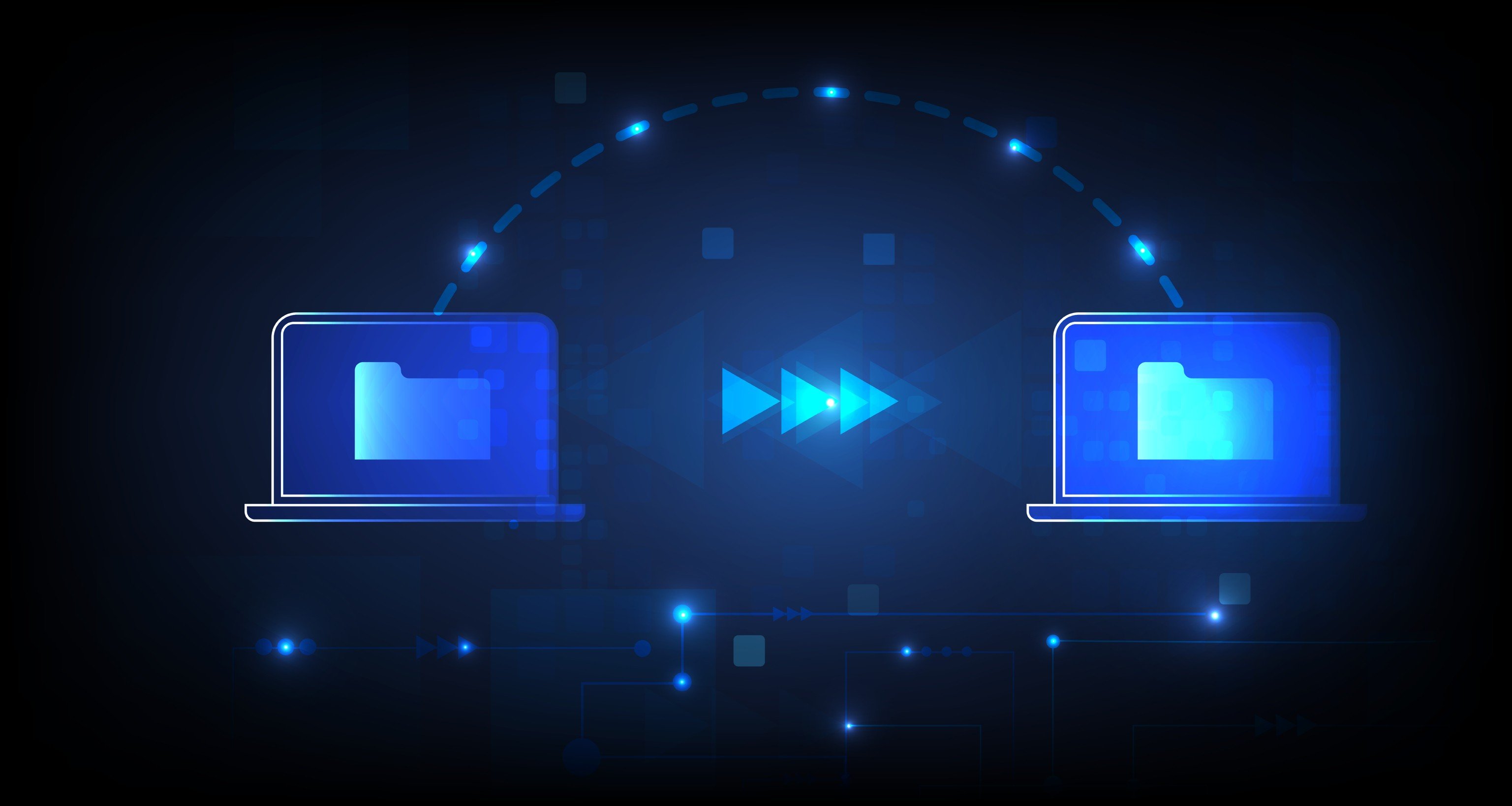 En gruppe blå og hvite elektroniske enheter med blått lys