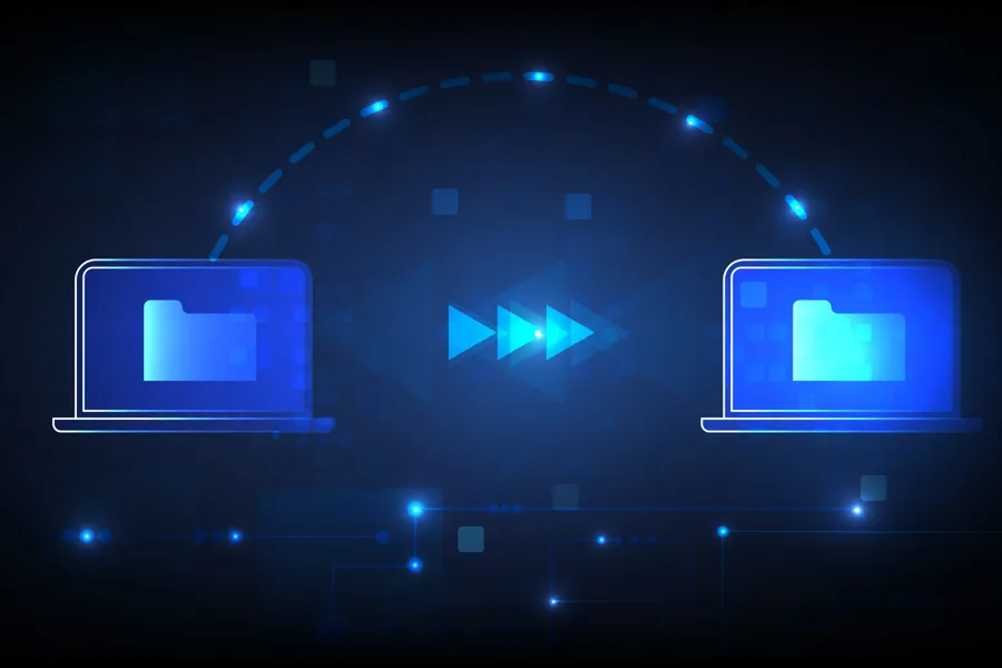 En gruppe blå og hvite elektroniske enheter med blått lys