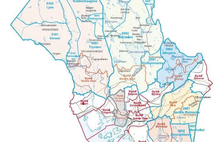 Kart som viser hvilke bydeler i Oslo som har ansvar for tjenester til innbyggere i marka og sentrum