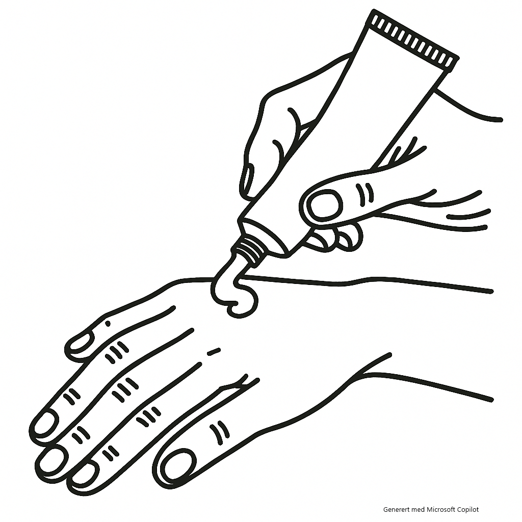 Tegning av to hender hvor den ene smører krem på den andre. Generert av Microsoft Colpilot.