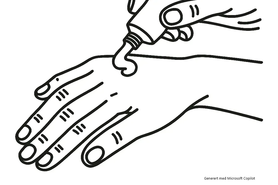 Tegning av to hender hvor den ene smører krem på den andre. Generert av Microsoft Colpilot.