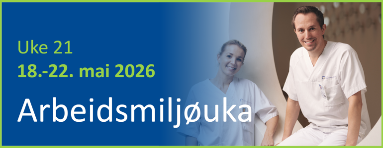Vignett for arbeidsmiljøuka med dato 18-22 mai 2026 og et bilde av en mann og en kvinne som poserer for et bilde