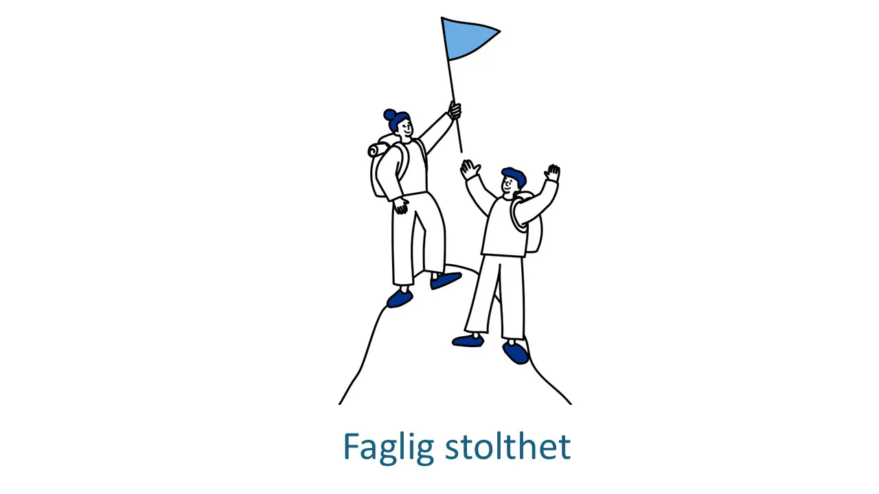 Illustrasjonsbilde om faglig stolthet med to mennesker som har klatret på fjellet