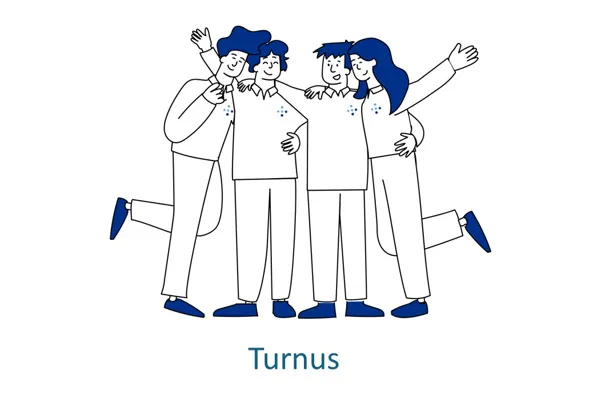 Illustrasjonsbilde om turnus med fire mennesker som står samlet.