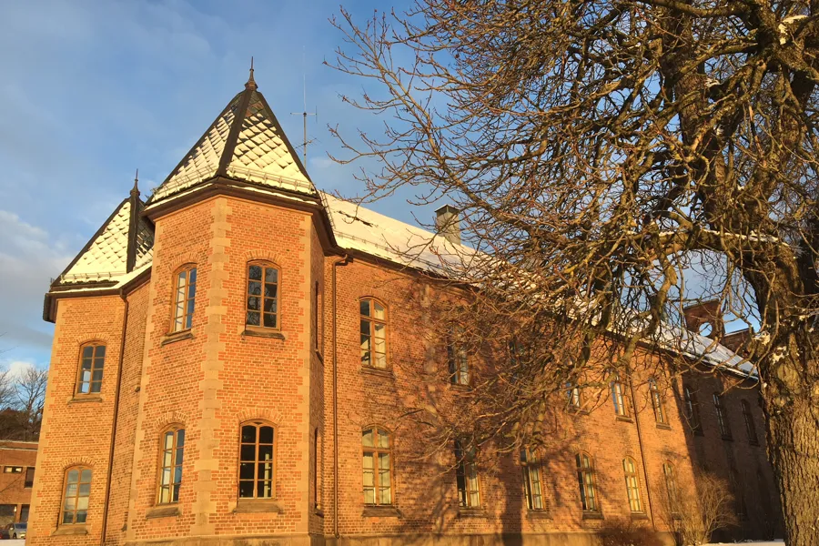 En stor murbygning med et tre foran seg
