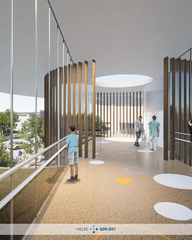 Skisse av innsiden av broen på vei til det nye barnesenteret ved Nye Rikshospitalet. Viser barn og voksne som leker og ser ut av vinduene.