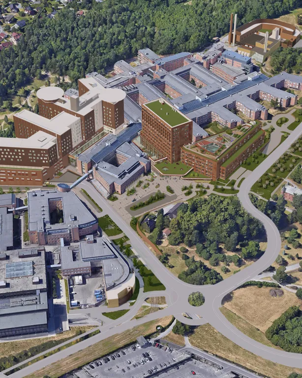 Skisse av et flyfoto som viser hele Nye Rikshospitalet og området rundt.