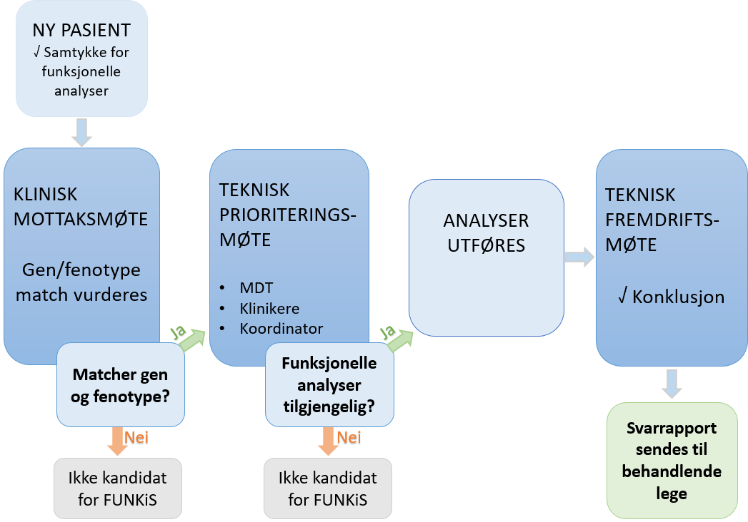 Arbeidsflyt diagram: Pasient med påvist genvariant med uavklart signifikans meldes inn til koordinator og vurderes i et klinisk mottaksmøte. Aktuelle kandidater presenteres deretter i et teknisk prioriteringsmøte, der det bestemmes hvilke funksjonelle analyser som skal utføres. Resultatene av de funksjonelle analysene presenteres i et teknisk fremdriftsmøte, der et multidisiplinært team sammen kommer frem til en konklusjon. Svarrapport sendes til behandlende lege. Dersom det ikke er match mellom gen og pasientens fenotype, eller hvis passende funksjonelle analyser ikke er tilgjengelige, er pasienten ikke en kandidat for å delta i prosjektet. Samtykke for funksjonelle analyser må undertegnes for at pasienten skal inkluderes i prosjektet.