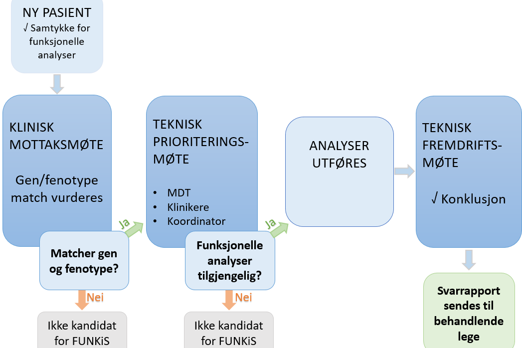 Arbeidsflyt diagram: Pasient med påvist genvariant med uavklart signifikans meldes inn til koordinator og vurderes i et klinisk mottaksmøte. Aktuelle kandidater presenteres deretter i et teknisk prioriteringsmøte, der det bestemmes hvilke funksjonelle analyser som skal utføres. Resultatene av de funksjonelle analysene presenteres i et teknisk fremdriftsmøte, der et multidisiplinært team sammen kommer frem til en konklusjon. Svarrapport sendes til behandlende lege. Dersom det ikke er match mellom gen og pasientens fenotype, eller hvis passende funksjonelle analyser ikke er tilgjengelige, er pasienten ikke en kandidat for å delta i prosjektet. Samtykke for funksjonelle analyser må undertegnes for at pasienten skal inkluderes i prosjektet.