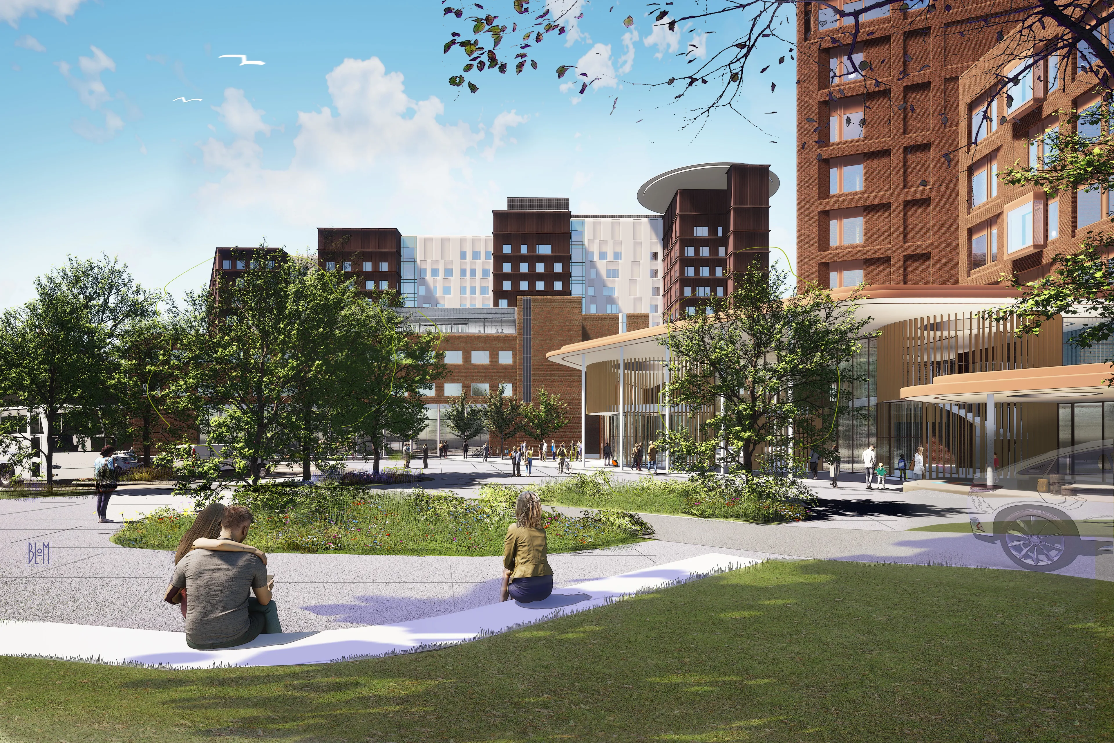 Skisse av ankomst til Nye Rikshospitalet. 3 personer sitter i utendørsområdet. Det er grønt, med trær og en liten forplass. Inngangen til det nye barnesenteret kan skimtes i bakgrunnen.