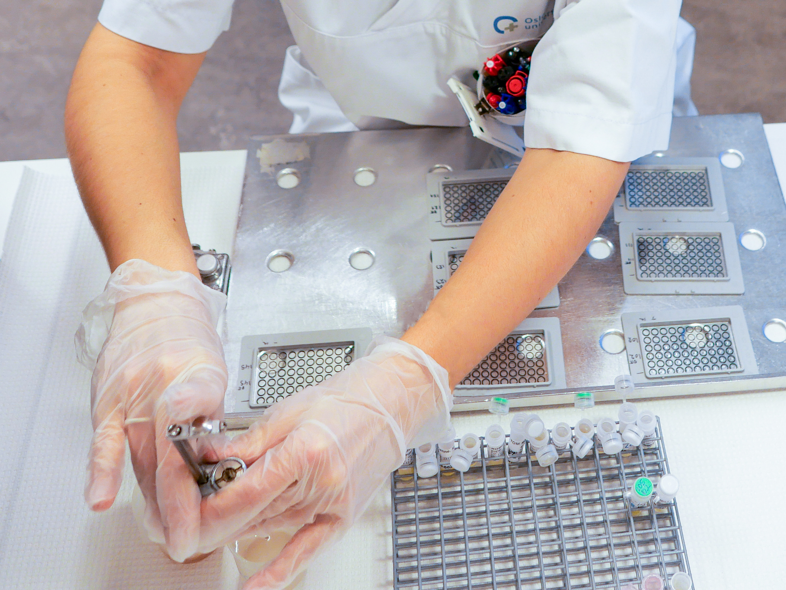 Nærbilde av hender som arbeider på en laboratorium benk