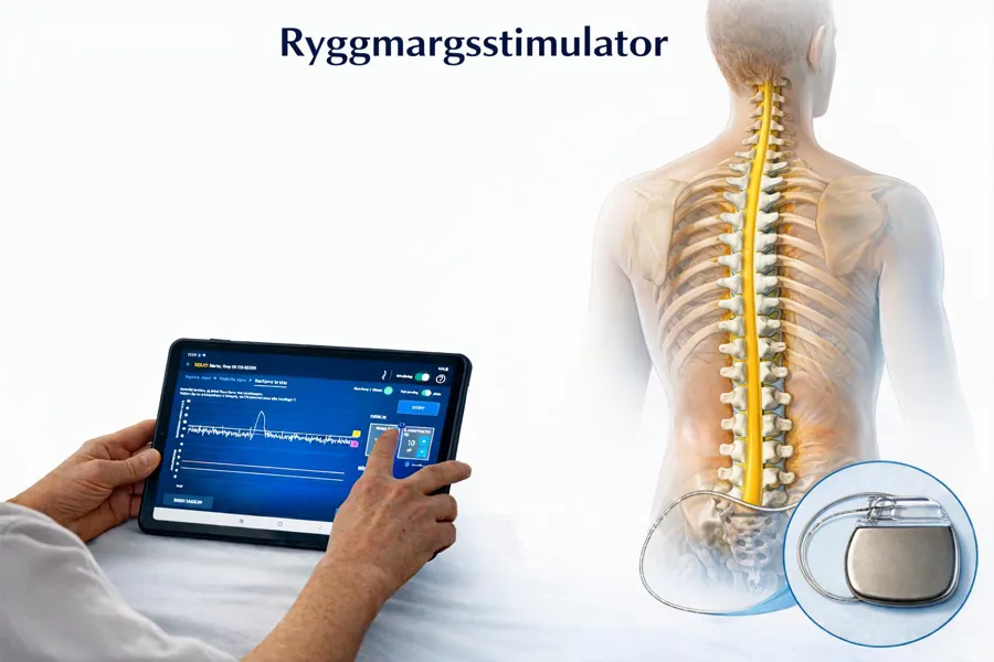 Illustrasjon av en person som programmerer et ryggmargsstimuleringssystem