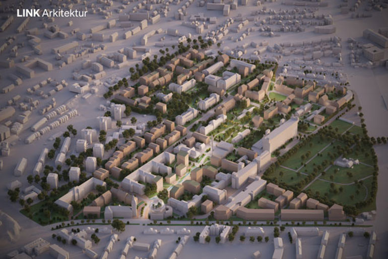 Et luftfoto av en by