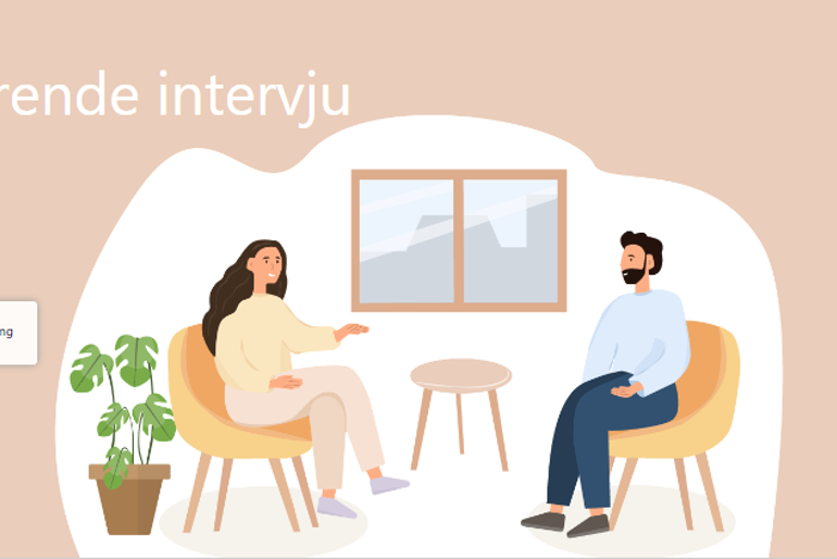 Skjermbilde fra kurs om motiverende intervju. Det er en tegning av en jente og en mann som sitter i hver sin stol vendt mot hverandre. Teksten "Motiverende intervju. START KURS" står skrevet oppå bildet.