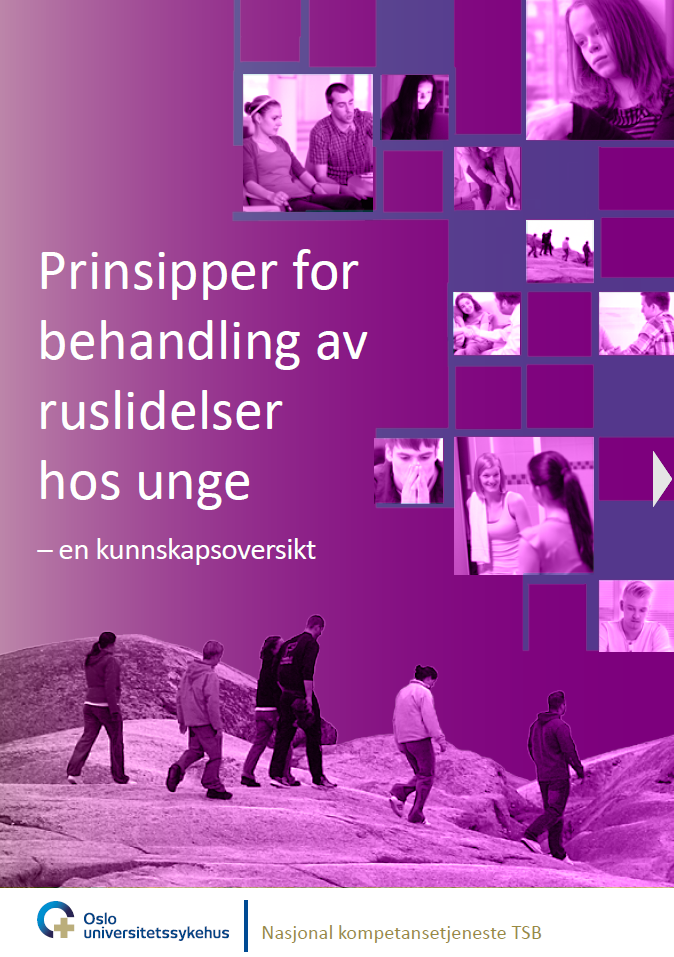 Bilde av heftets forside. Følgende tekst står på forsiden "Prinsipper for behandling av ruslidelser hos unge – en kunnskapsoversikt".