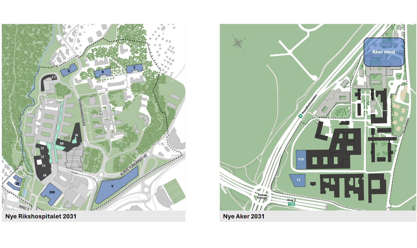 Illustrasjon som viser aktuelle tomter for etappe 2 på Rikshospitalet og Aker etter at første byggetrinn er ferdigstilt. På Rikshospitalet er det tre tomter nord på Gaustad og tre lenger sør mot ringveien. På Aker er det to tomter i sydvest mot Sinsenkrysset, og dagens bygningsmasse på Aker som er markert.