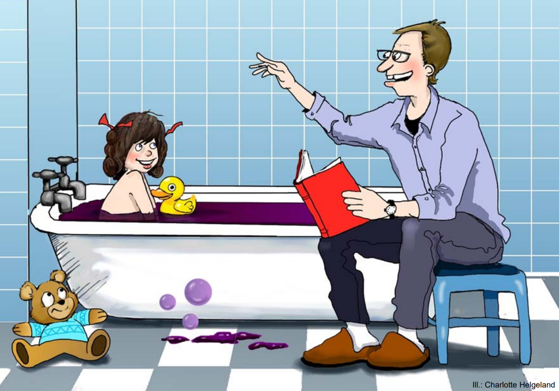 Far som leser for barn i badekar med kaliumpermanganat