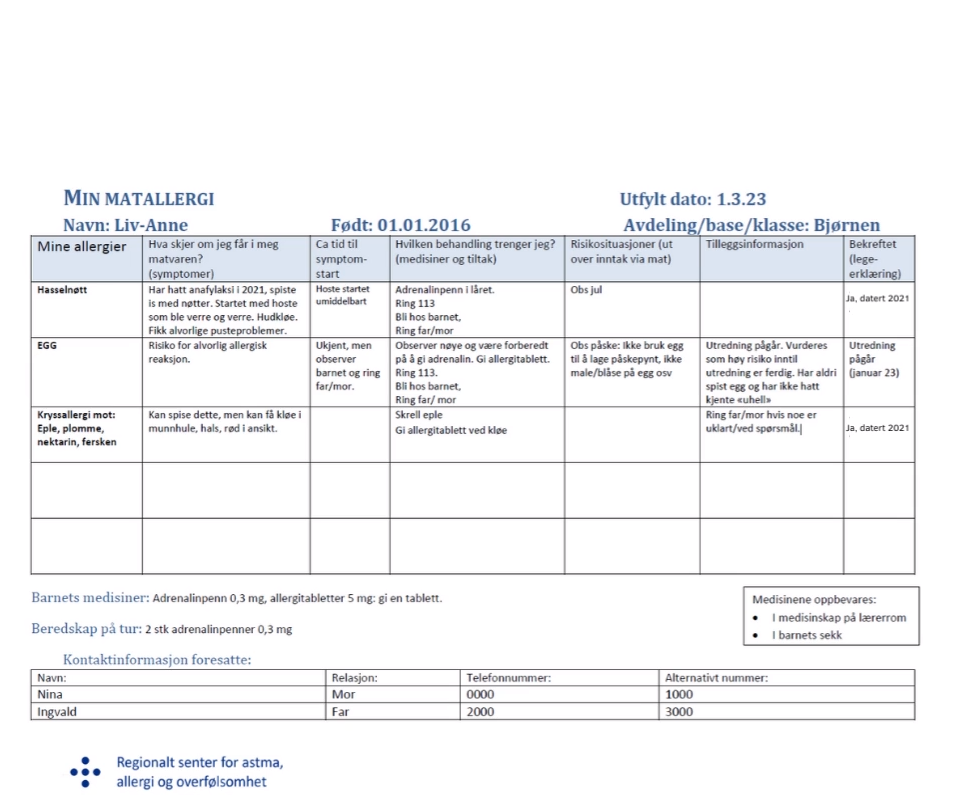 Skjema med eksempel på utfylling