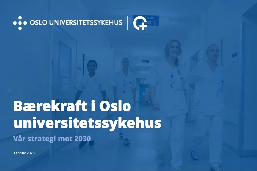 Bilde av forsiden på bærekraftstrategidokumentet. Her står det logoen til OUS i øverste hjørne – prikkekors og Oslo universitetssykehus. Under står det "Bærekraft i Oslo universitetssykehus. Vår strategi mot 2030. Februar 2025".