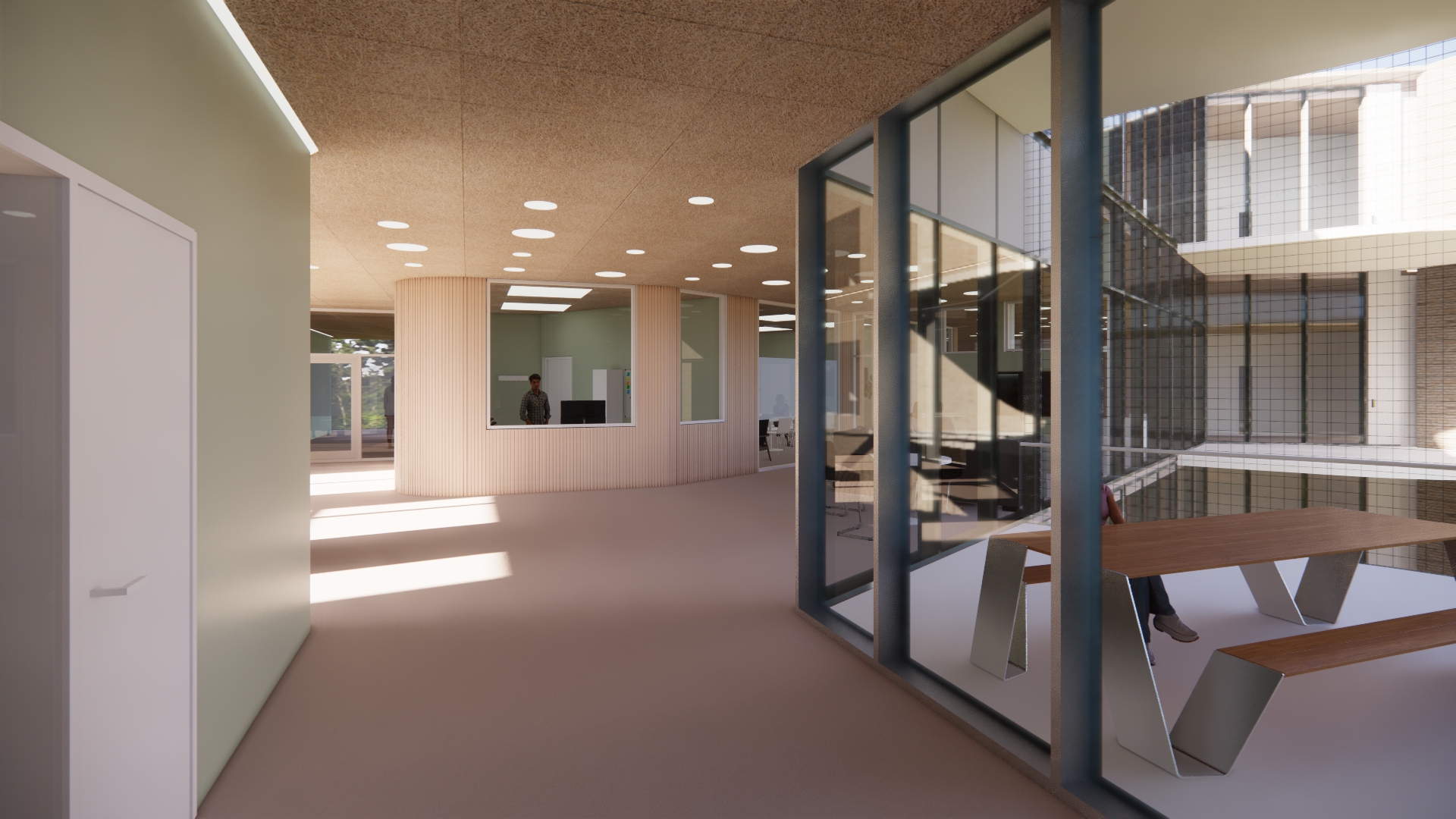 En lang gang med glassvegger