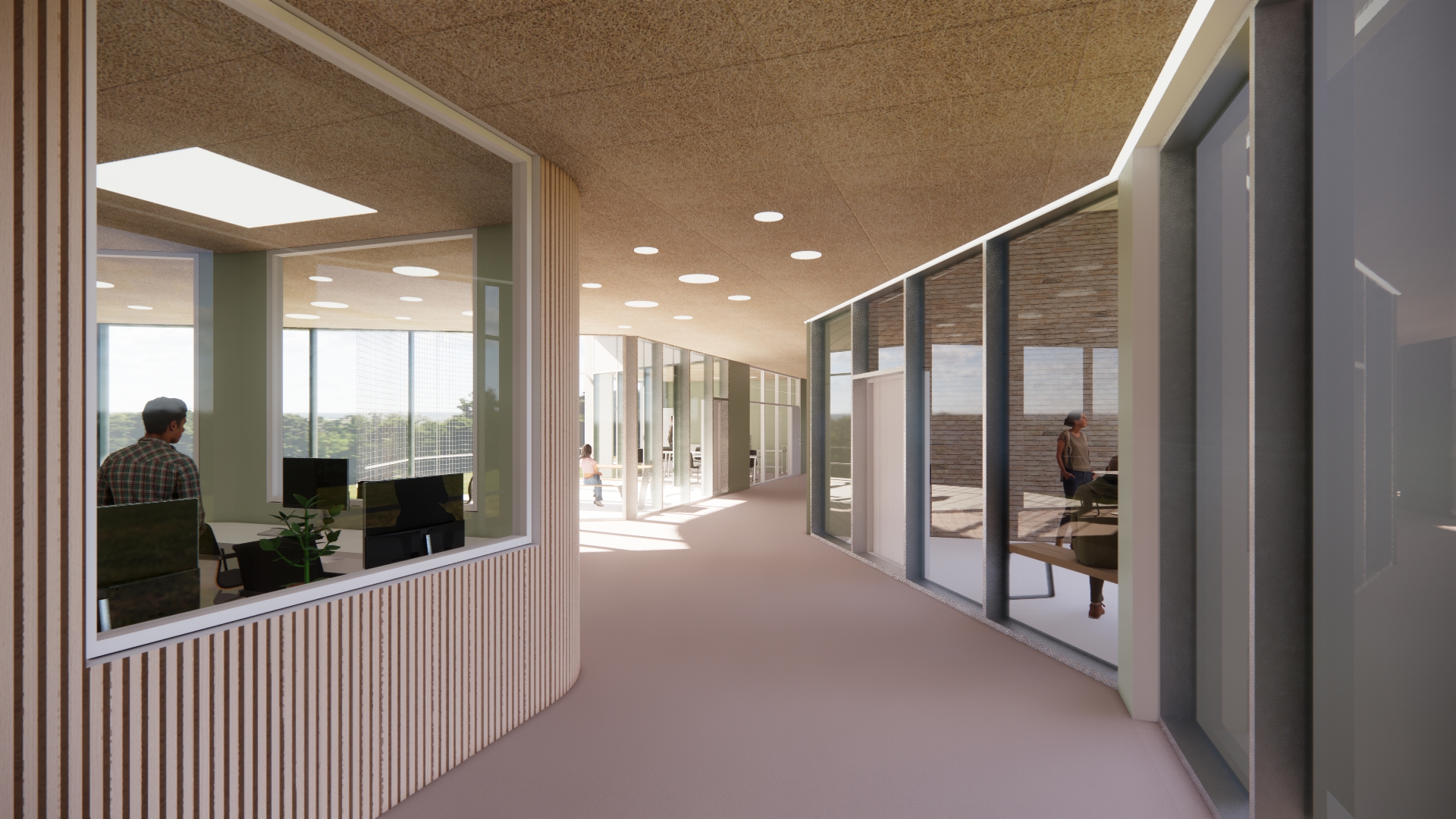 En lang gang med glassdører