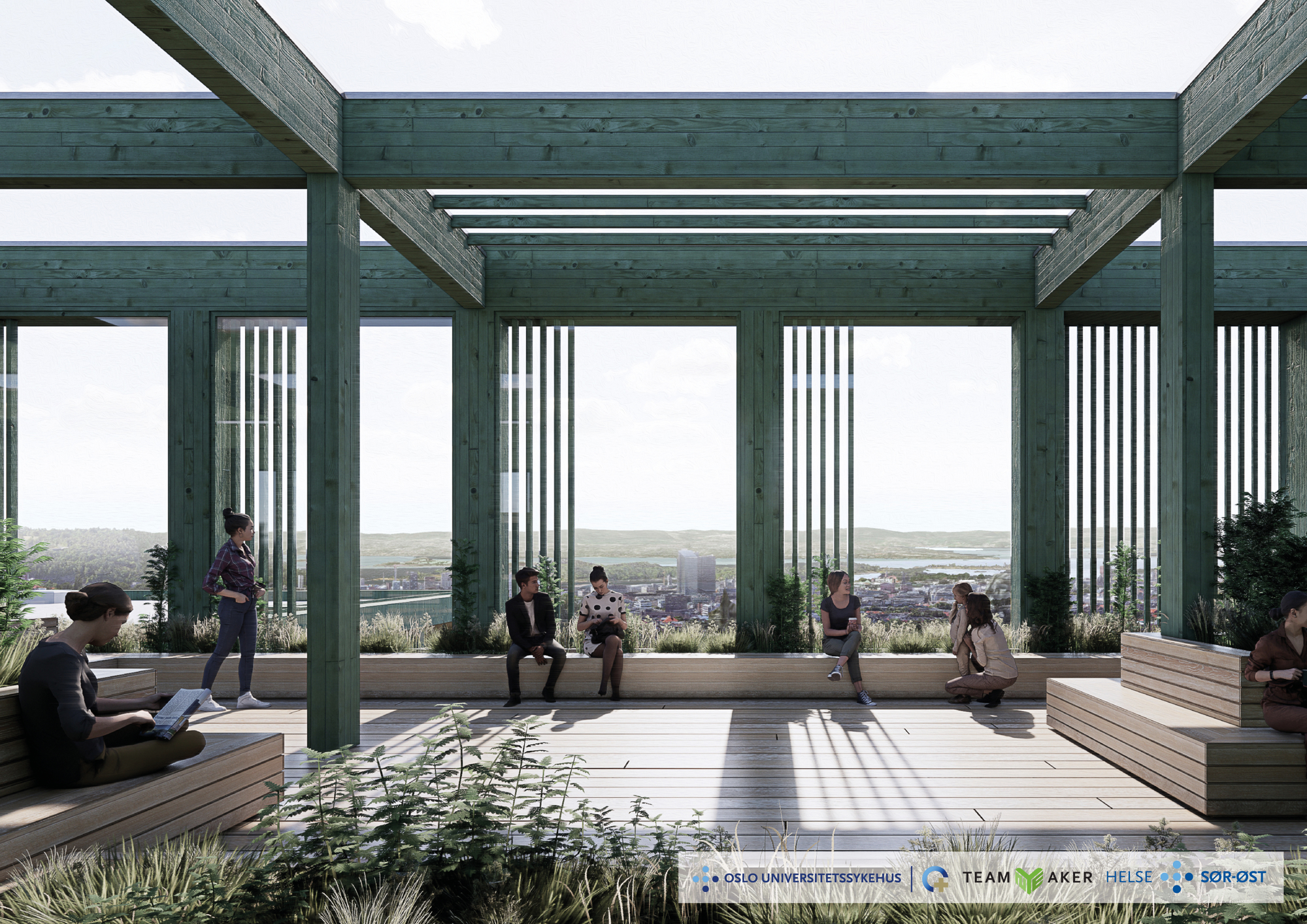 En gruppe mennesker som sitter på en takterrasse på Nye Aker sykehus