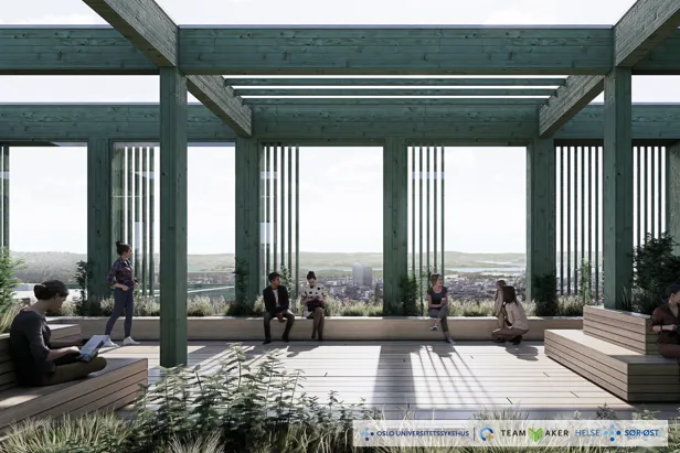 En gruppe mennesker som sitter på en takterrasse på Nye Aker sykehus