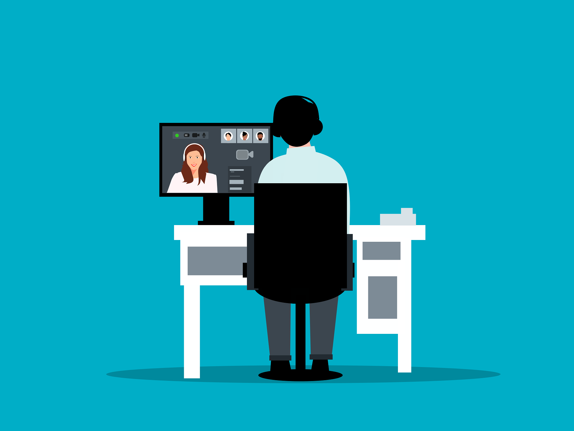 Illustrasjon av en person som sitter ved en pult foran en PC og deltar på et digitalt møte
