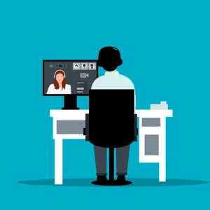 Illustrasjon av en person som sitter ved en pult foran en PC og deltar på et digitalt møte