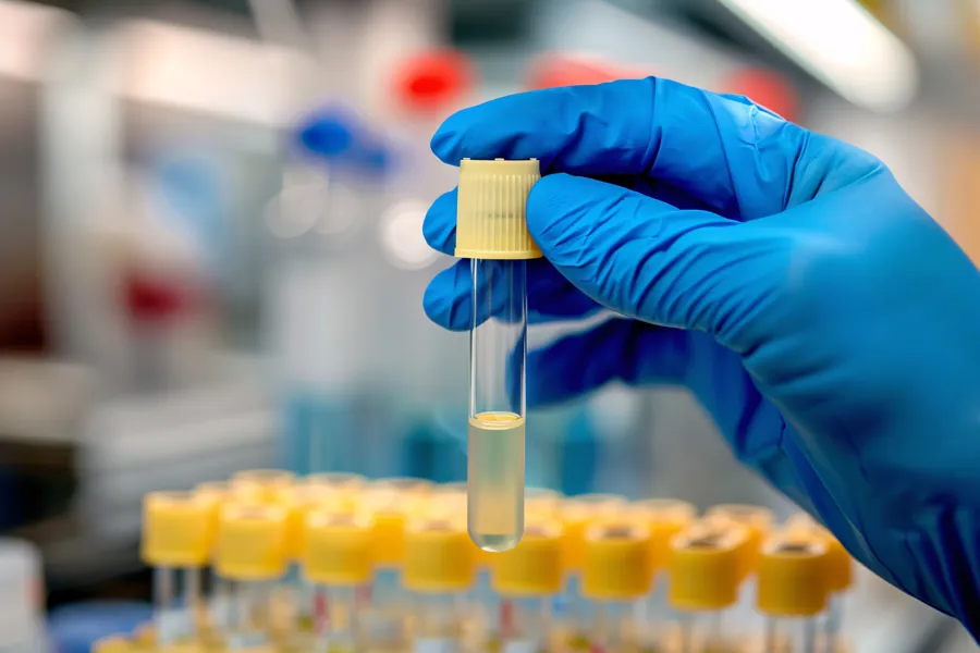 En person i blå hansker som holder en sprøyte med gul væske