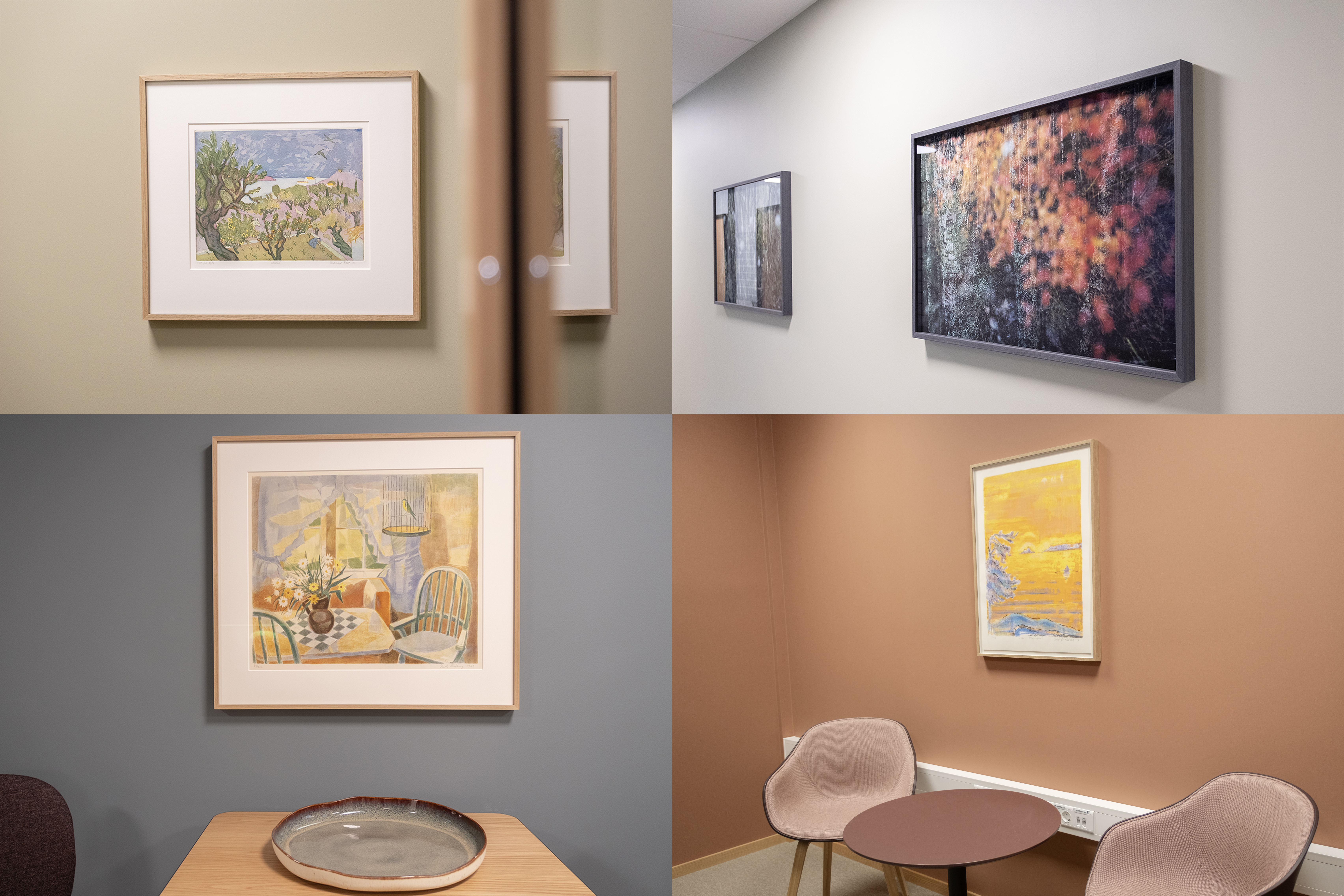 collage av fire kunstverk, fire bilder som henger i rom hvor de matcher i fargene og miljøet rundt