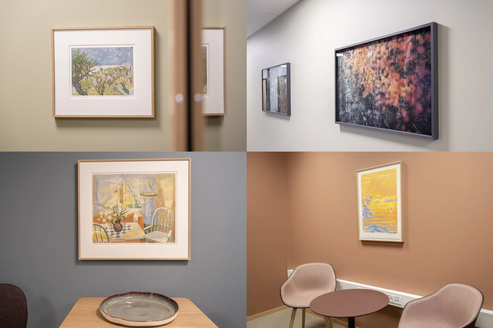 collage av fire kunstverk, fire bilder som henger i rom hvor de matcher i fargene og miljøet rundt