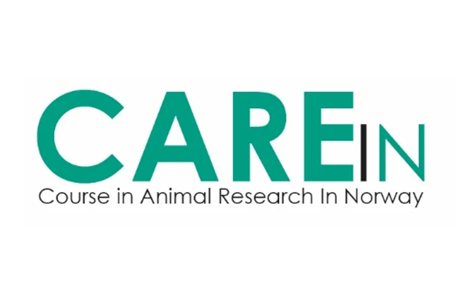 Logo, CAREIN skrevet i grønn tekst på hvit bakgrunn. Course in animal research in Norway skrevet i sort tekst på hvit bakgrunn.