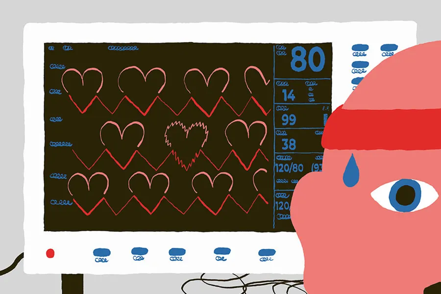 Illustrasjon av EKG og en ansiktet til en mann med svetteperle i ansiktet.