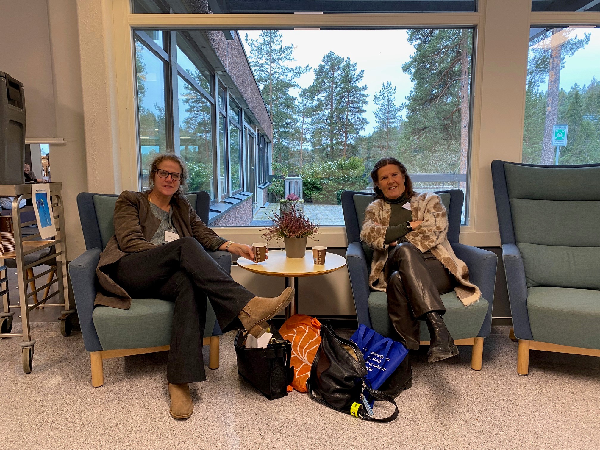 Et par kvinner som sitter i stoler