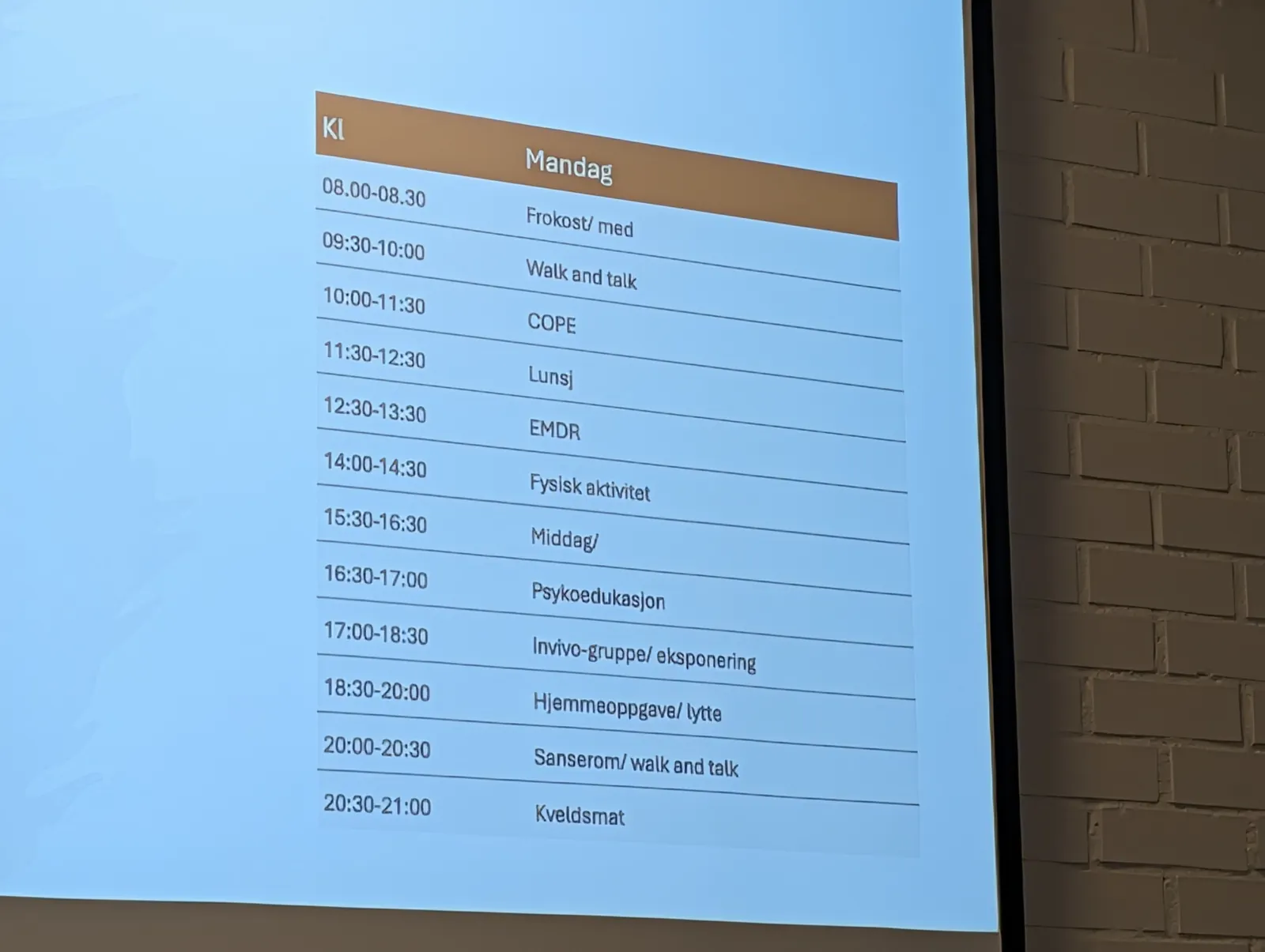 Bilde av programmet for en behandslingsdag i intensivbehandling.