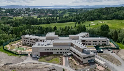 Oversiktsbilde av Nedre Ila sett ovenfra. Det viser ett bygg formet som en slags stjerne, omringet av skog og grønn park.