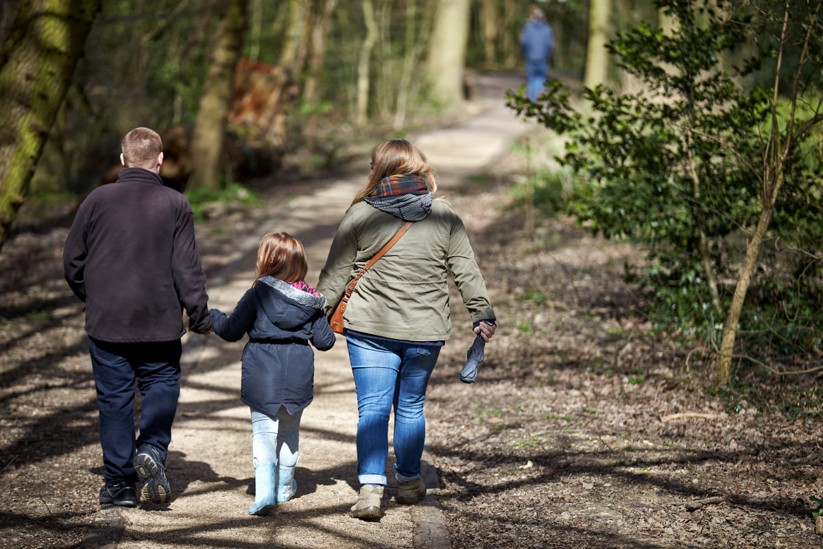 En familie som går på en sti i skogen