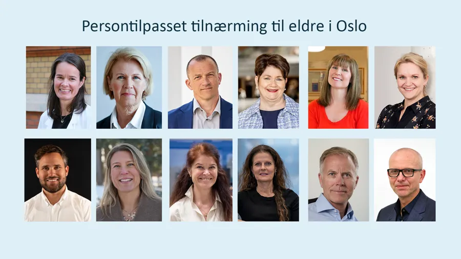 Portrettbilder av de tolv menneskene som snakker på konferansen. Over står teksten Persontilpasset tilnærming til eldre i Oslo.