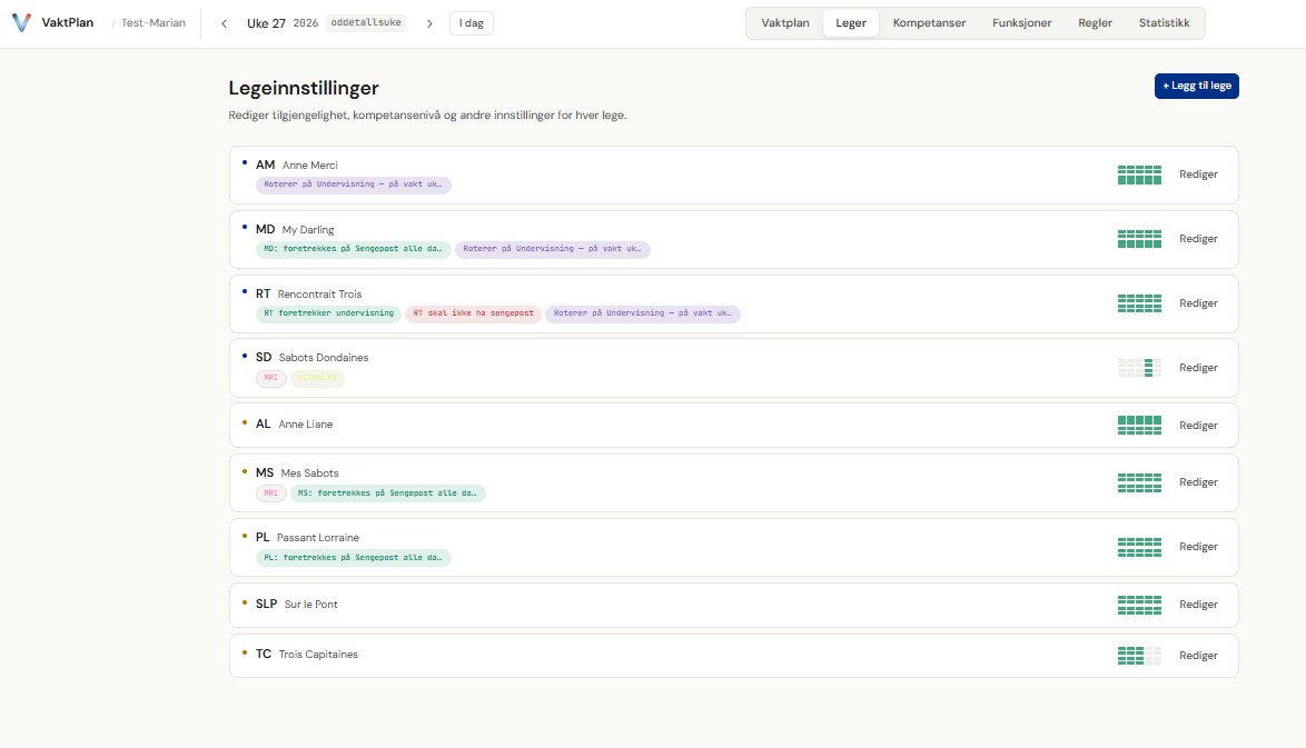 Grafisk brukergrensesnitt i vaktplan-applikasjonen. Legeressurser i listeform.