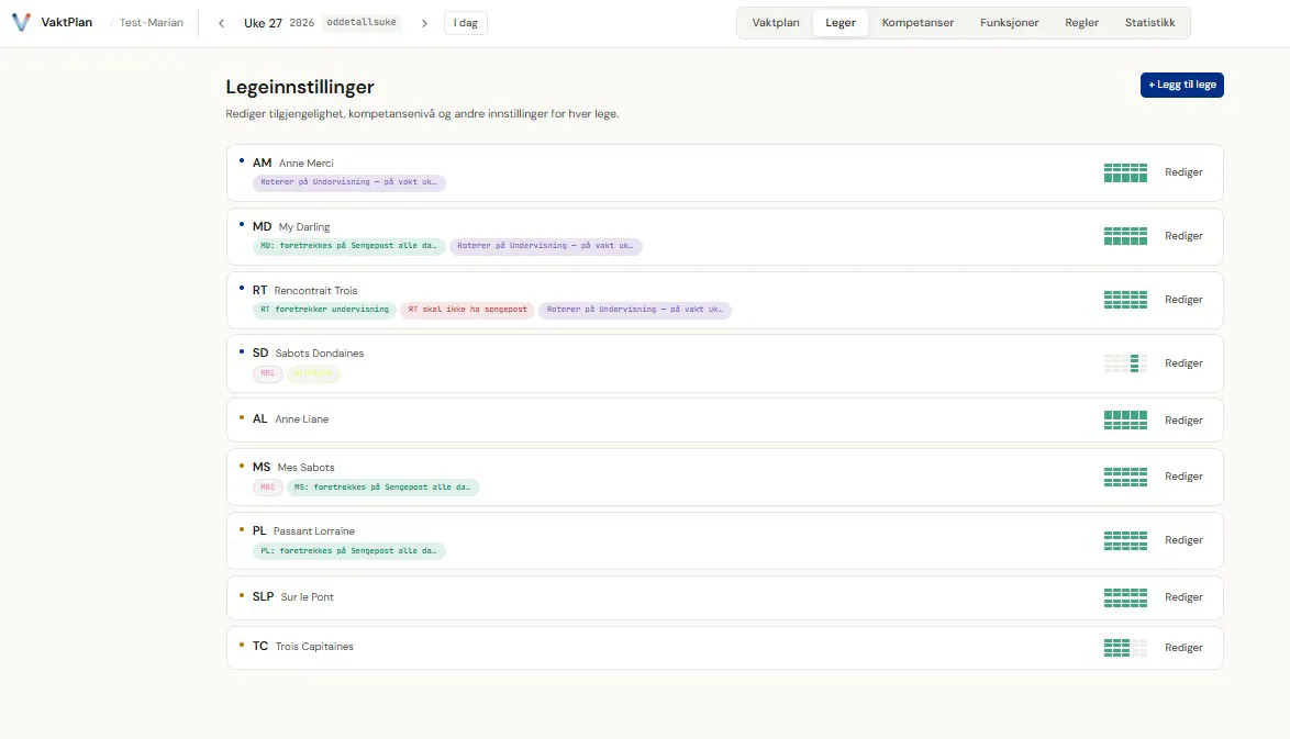 Grafisk brukergrensesnitt i vaktplan-applikasjonen. Legeressurser i listeform.