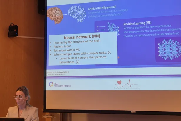 A person sitting at a desk in front of a large screen