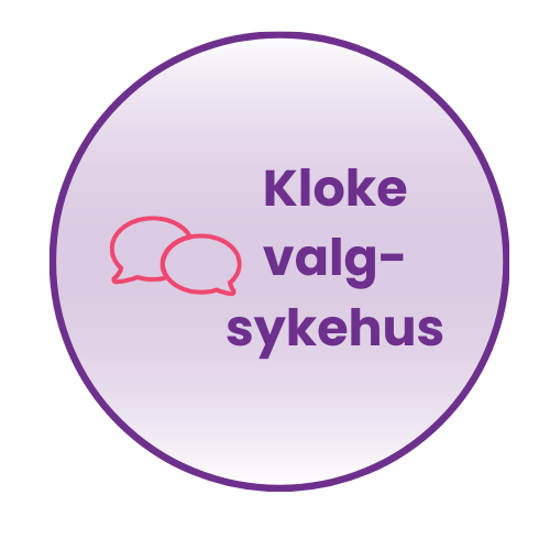 Logoen til Kloke valg som er en sirkel med to snakkebobler og teksten "Kloke valg-sykehus".