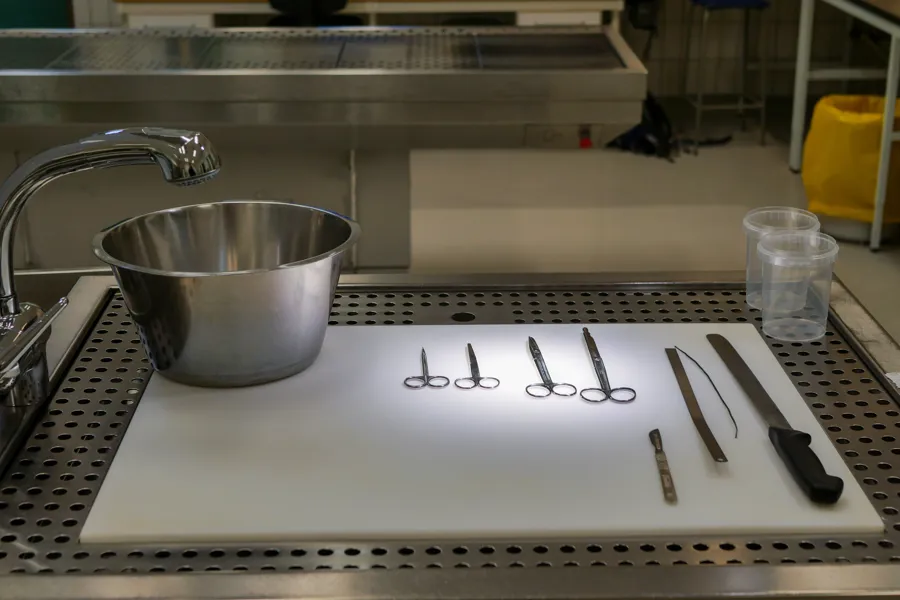 Instrumenter for obduksjon ligger klart på et bord