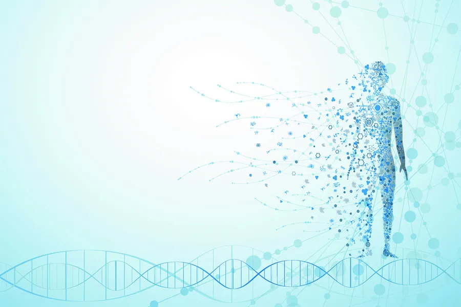 Illustration of a human, DNA and molecules