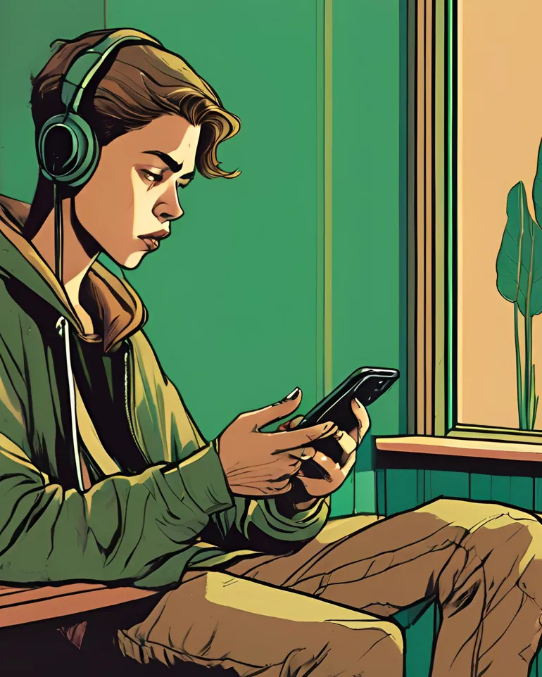 En person som har på seg hodetelefoner og holder en telefon