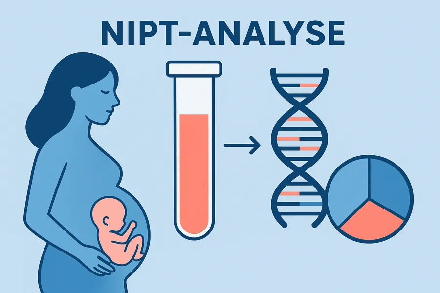 Logo. Tegning av en gravid kvinne, med et blodprøveglass og en DNA-spiral. Teksten er NIPT-analyse.