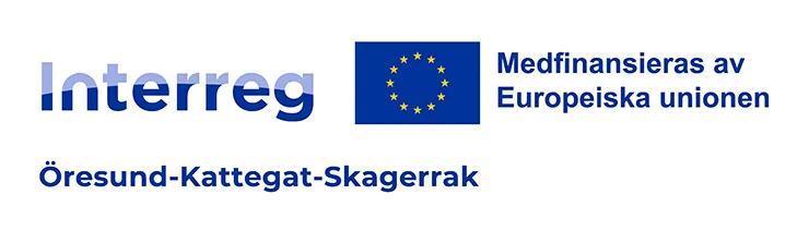 Logoen til Interreg. I tekst står det Interreg - Medfinansieras av Europiska Unionen - Øresund-Kattegat-Skagerrak. Bilde av EU-flagget.