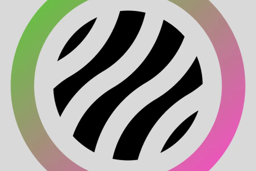 En sirkulær logo med en svart-hvit sirkel i midten